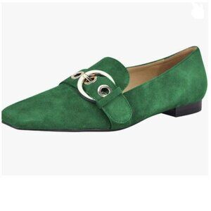 FSJ Green Squared Toe Loafers Comfort Slip On Chunky Low Heel Buckle Decor Shoes